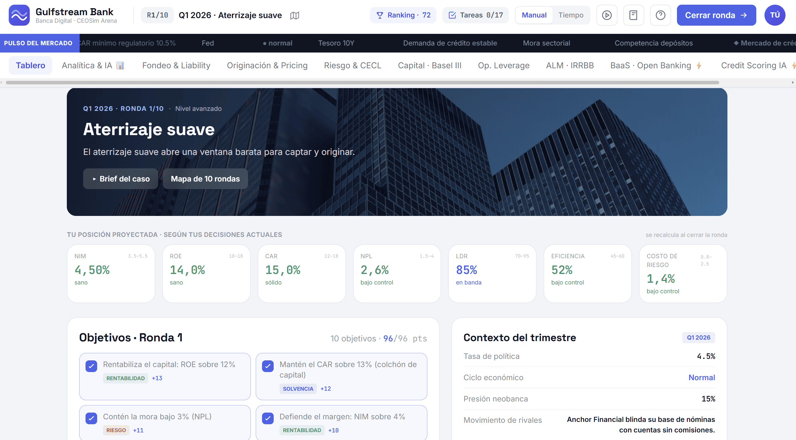 Panel del alumno en CEOSim Arena — Gulfstream Bank